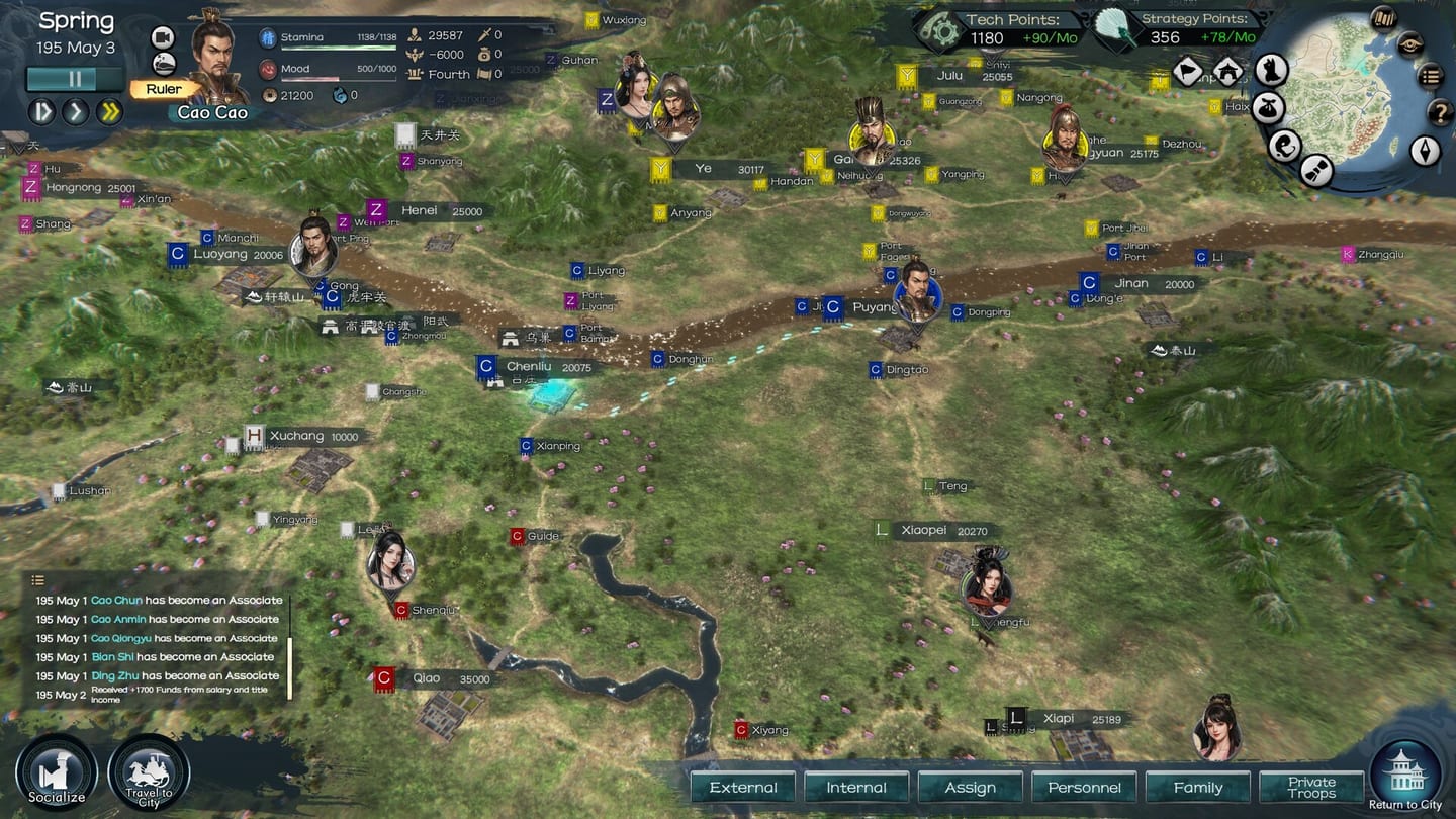 World map in Heroes' Vow: Three Kingdoms with city markers and English interface controls.